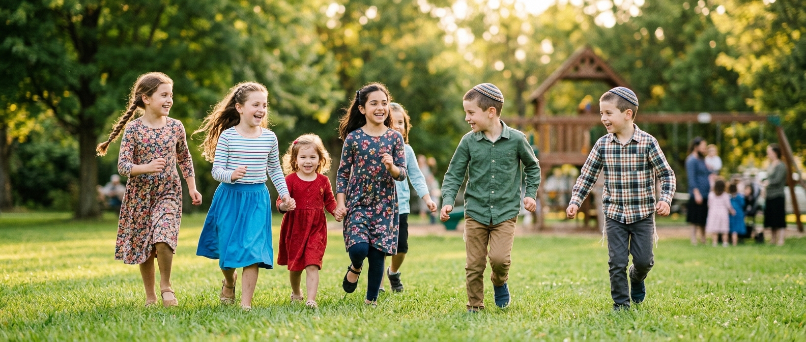 Orthodox Jewish children laughing and playing together outdoors during a Chol Hamoed family outing